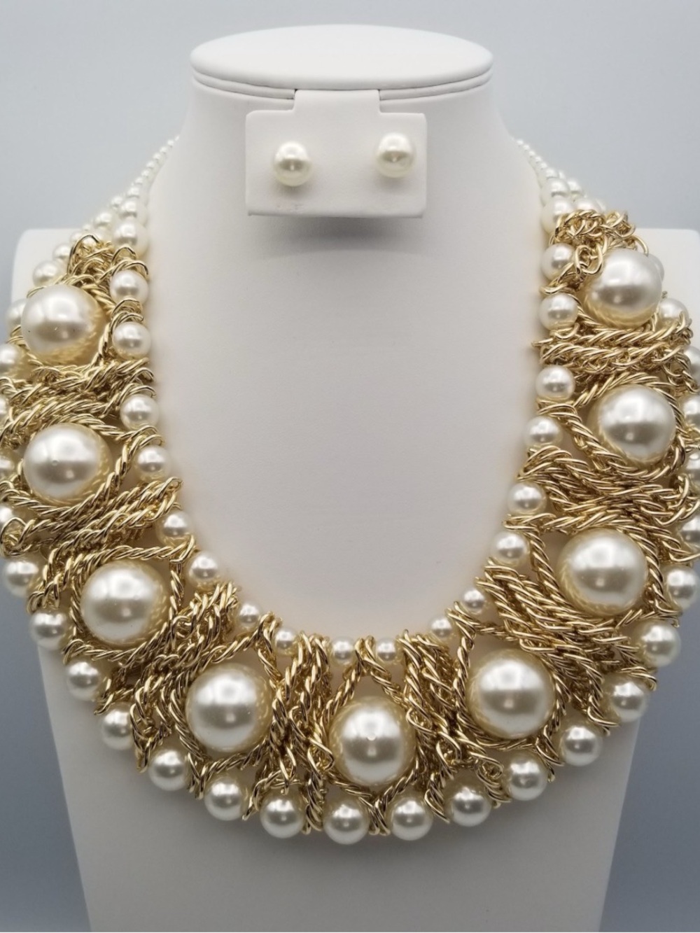 Gold Pearl Statement Necklace and Stud Earrings - Classic Women Jewelry